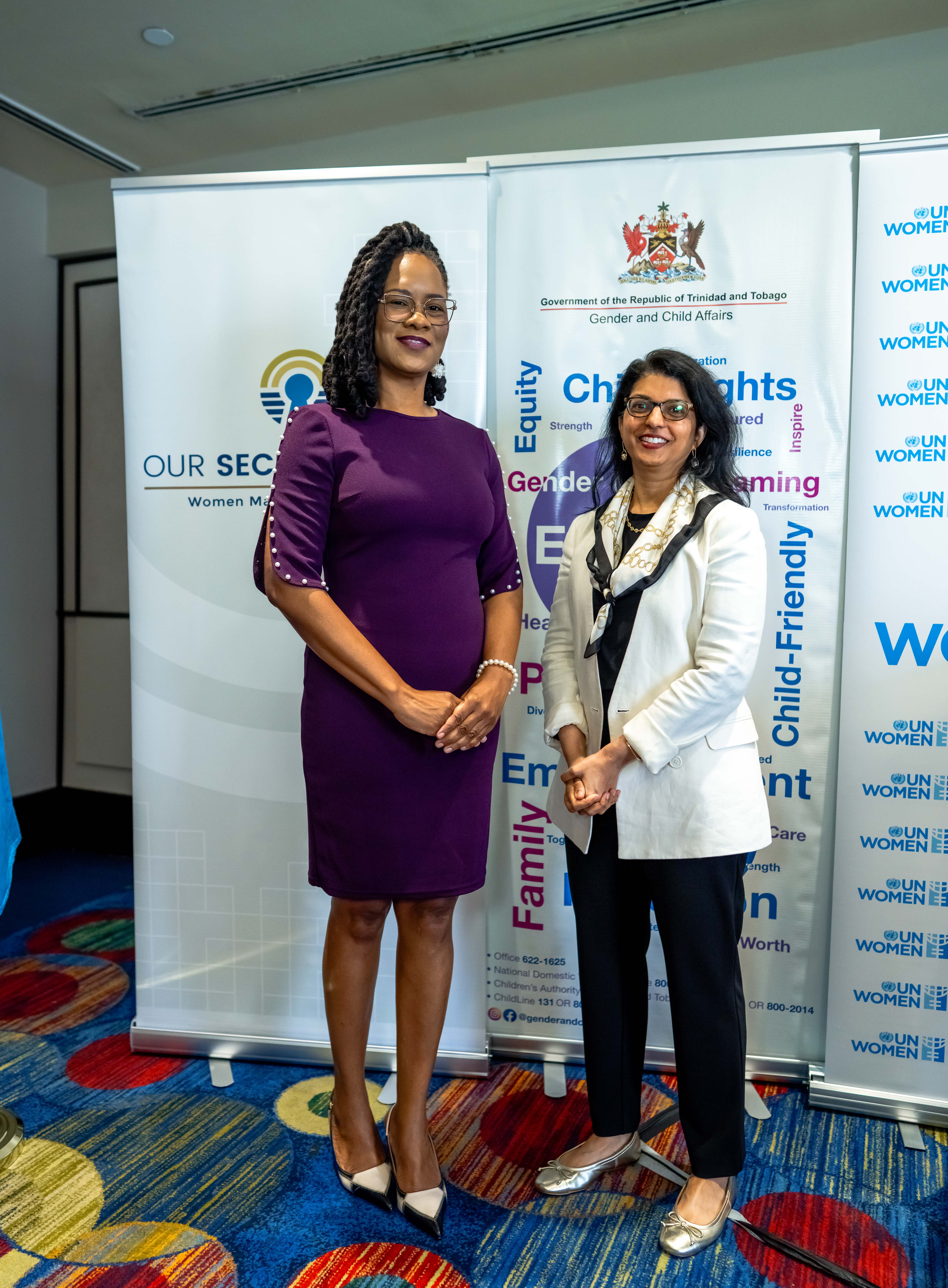 The Honourable Ayanna Webster-Roy, Minister in the Office of the Prime Minister - Gender and Child Affairs and Sahana Dharmapuri, Vice President of Our Secure Future, at the launch of the Women, Peace and Security National Action Plan of Trinidad and Tobago