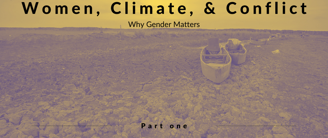 Image of a dried up river overlaid by text saying "Women, Climate, & Conflict Part One"